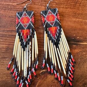 Hand Crafted Geometric Beaded Earrings - Red, Black, and Cream